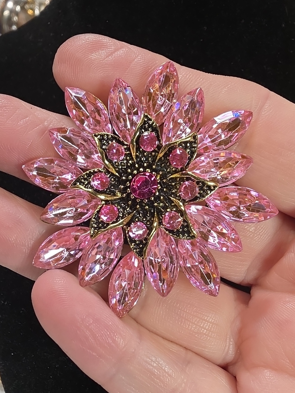 B14- Pink Crystal Flower Brooch - Gold-Tone Center